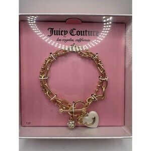 Juicy Couture Gold White Puff Heart Bracelet w Crown and Rhinestone Charms